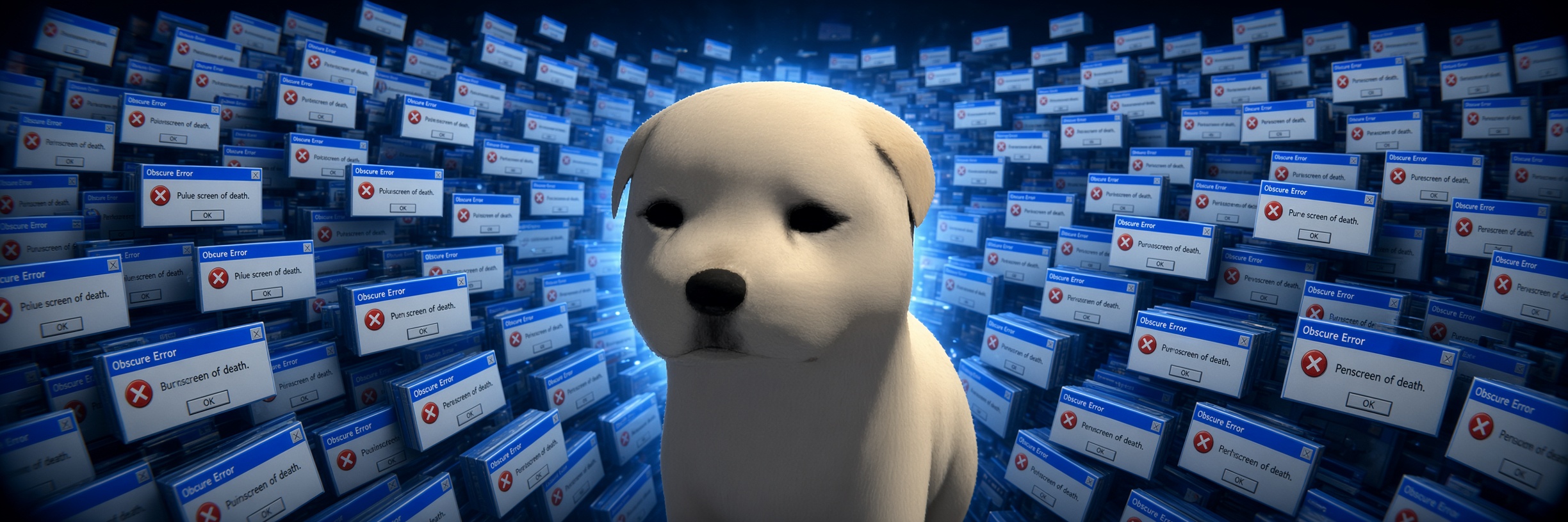 Banner of the $https dog in a field of error windows